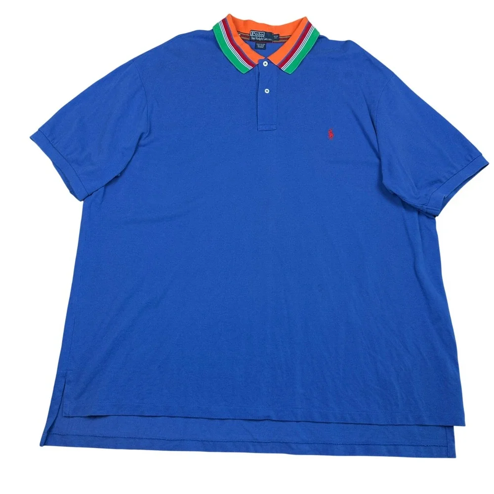 Polo Ralph Lauren Mens 4XB Big Blue Pique Polo Shirt Striped Collar Short Sleeve